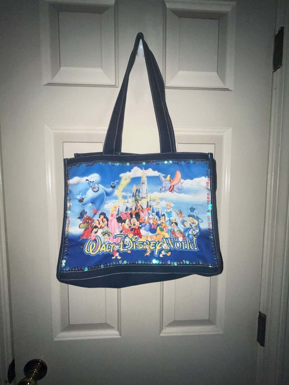 Walt Disney World Blue Canvas Sequin Beaded Characters Tote Bag
